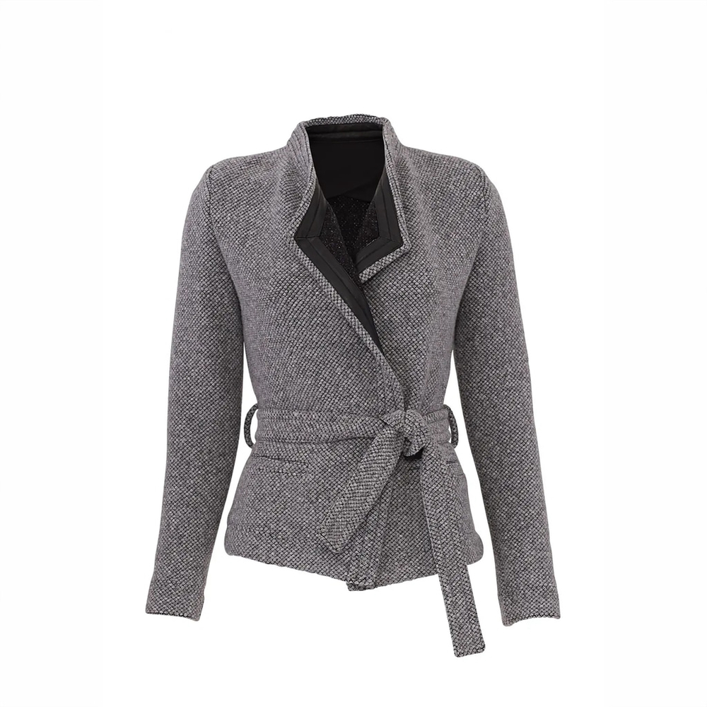 IRO Awa Gray Tweed Wrap Jacket Leather Trim Wool Blend Size 34 Missing Belt